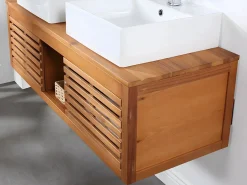 Vente-unique Mueble doble lavabo de madera de acacia - Mueble de baño - 130 cm - PENEBEL Color natural oscuro Outlet