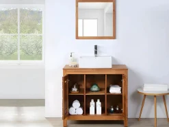Vente-unique Mueble doble lavabo de madera de acacia - 90 cm - 1 espejo - 60 x 60 cm - PULUKAN Color natural oscuro Discount