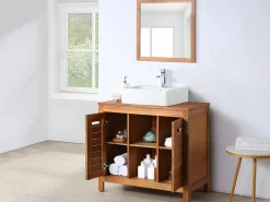 Vente-unique Mueble doble lavabo de madera de acacia - 90 cm - 1 espejo - 60 x 60 cm - PULUKAN Color natural oscuro Discount