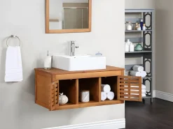 Vente-unique Mueble doble lavabo de madera de acacia y espejo - 90 cm - PENEBEL Color natural oscuro Discount