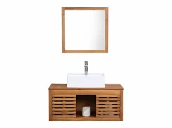 Vente-unique Mueble doble lavabo de madera de acacia y espejo - 90 cm - PENEBEL Color natural oscuro Discount