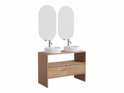 Vente-unique Mueble doble lavabo de roble - Lavabo sobre encimera redondo, espejo y grifo - 110 cm - CAVIZO Color natural claro Hot
