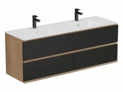 Vente-unique Mueble De Baño Con Doble Lavabo|Mueble doble lavabo de sobreponer - Color natural claro y negro - 150 cm - SABURI