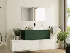 Vente-unique Mueble De Baño Simple|Mueble flotante de baño con lavabo individual, verde y blanco, 2 cajones, 94 cm, TEANA
