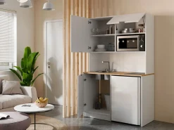 Vente-unique Mueble multifunción - Con encimera de 120 cm - Blanco y natural - CARMEO Color natural claro / Blanco Clearance