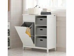 Sobuy Estantería Sobre Inodoro|Mueble para Ropa Sucia Armario Multifuncional para Baño con 1 Cesto y 1 Cajón 3 Cestos Separados 80 x 38 x 91cm BZR77-W ES