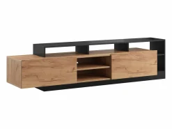 Vente-unique Mueble Tv|Mueble para TV con 2 puertas y 6 estantes con LEDs - Natural claro y Antracita - IDESIA