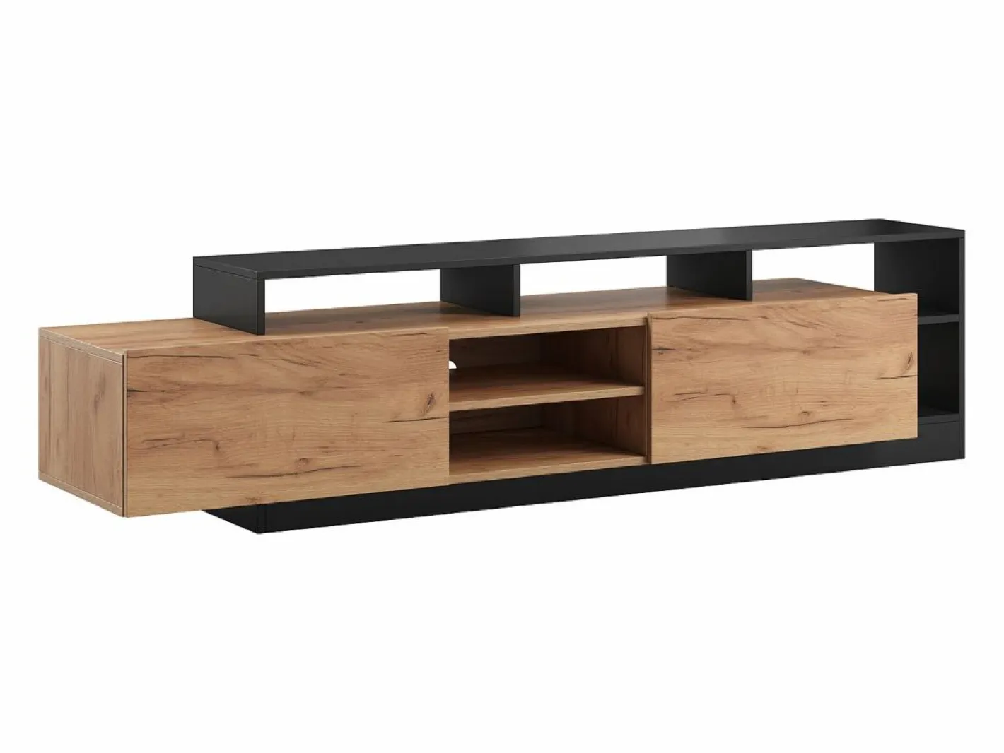 Vente-unique Mueble Tv|Mueble para TV con 2 puertas y 6 estantes con LEDs - Natural claro y Antracita - IDESIA