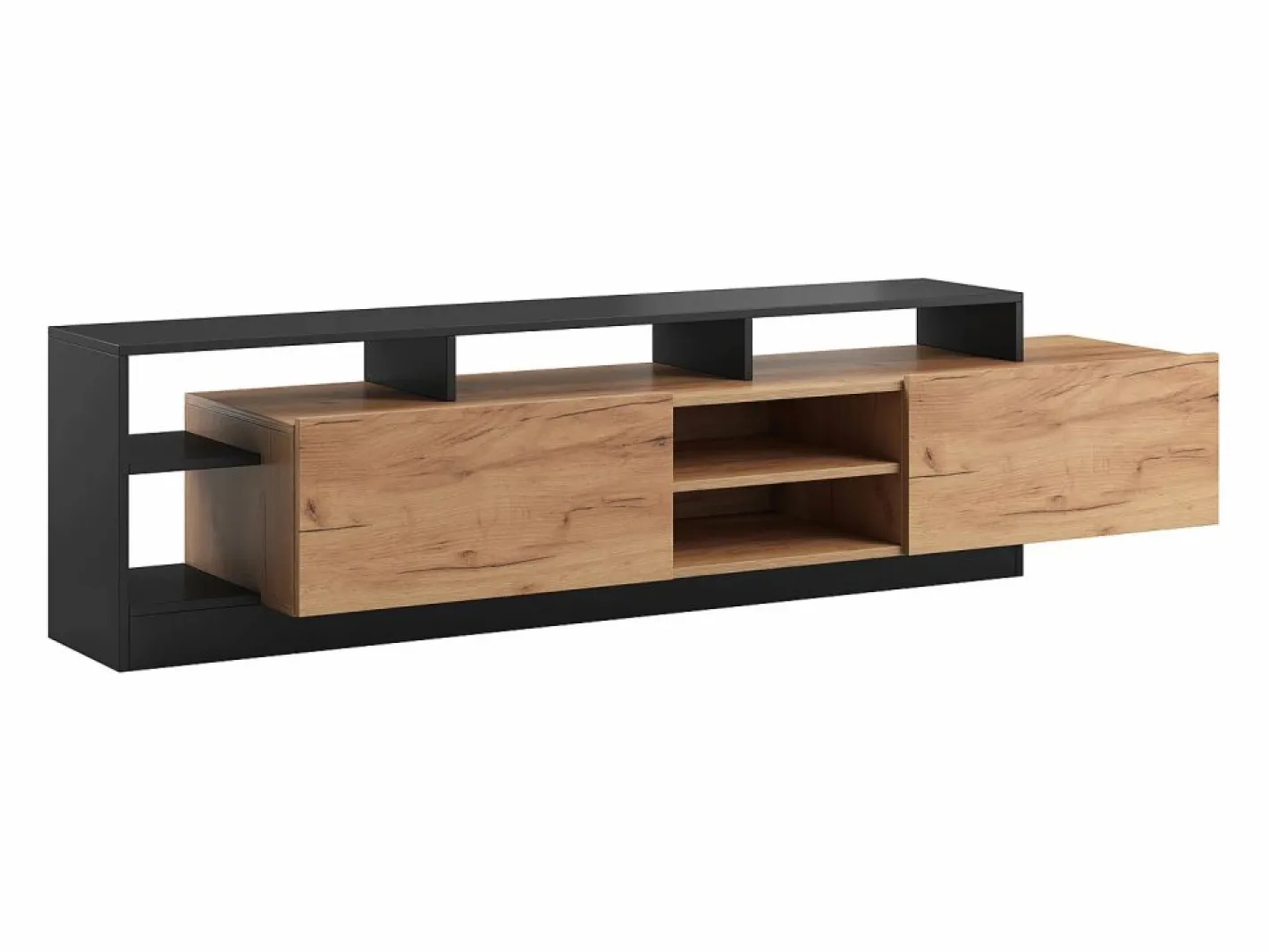 Vente-unique Mueble Tv|Mueble para TV con 2 puertas y 6 estantes con LEDs - Natural claro y Antracita - IDESIA