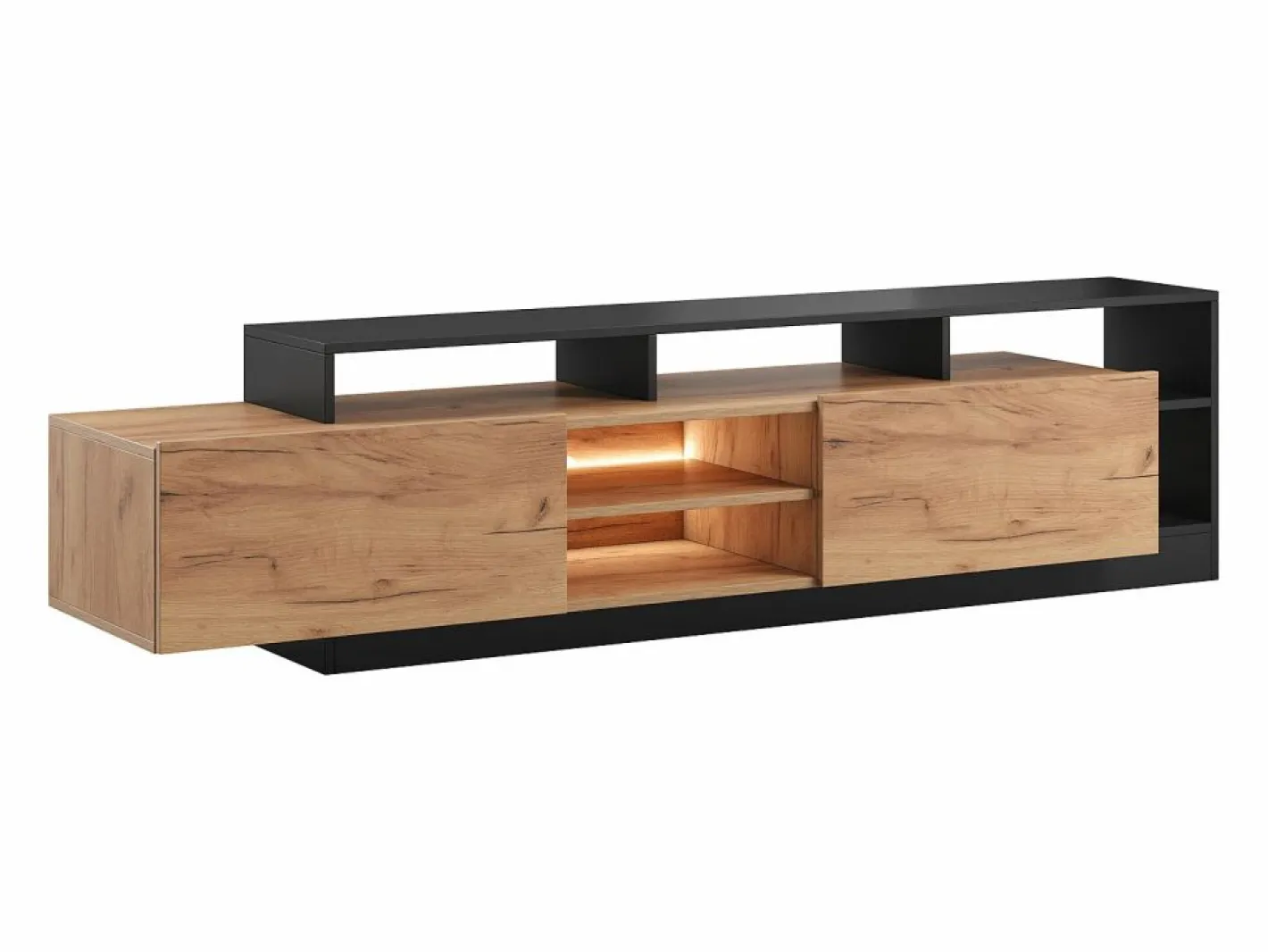 Vente-unique Mueble Tv|Mueble para TV con 2 puertas y 6 estantes con LEDs - Natural claro y Antracita - IDESIA