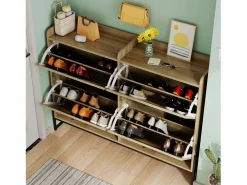 ModernLuxe Zapatero|Mueble De Almacenaje|Mueble para zapatos 121×25×91,5 cm - con 4 puertas abatibles de ratán - paneles de partículas - natural