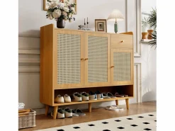Mueble para zapatos de ratán natural 120×35×106 cm - con 3 puertas y 1 cajón - panel de partículas - natural^ModernLuxe New
