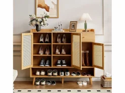 Mueble para zapatos de ratán natural 120×35×106 cm - con 3 puertas y 1 cajón - panel de partículas - natural^ModernLuxe New