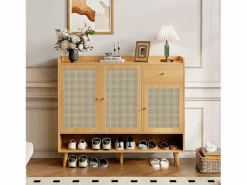 Mueble para zapatos de ratán natural 120×35×106 cm - con 3 puertas y 1 cajón - panel de partículas - natural^ModernLuxe New