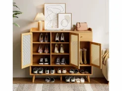 Mueble para zapatos de ratán natural 120×35×106 cm - con 3 puertas y 1 cajón - panel de partículas - natural^ModernLuxe New