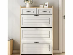Mueble para zapatos 80x23.5x125 cm - con tres grandes frontales abatibles - con 2 cajones - blanco + natural^ModernLuxe Best