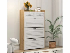 Mueble para zapatos 80x23.5x125 cm - con tres grandes frontales abatibles - con 2 cajones - blanco + natural^ModernLuxe Best