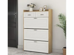 Mueble para zapatos 80x23.5x125 cm - con tres grandes frontales abatibles - con 2 cajones - blanco + natural^ModernLuxe Best