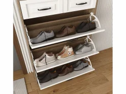 Mueble para zapatos 80x23.5x125 cm - con tres grandes frontales abatibles - con 2 cajones - blanco + natural^ModernLuxe Best