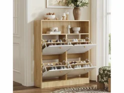 ModernLuxe Mueble para zapatos 90x24x104,5cm - con 4 puertas abatibles - con estantes abiertos - Blanco + Natural Color natural claro / Blanco Sale