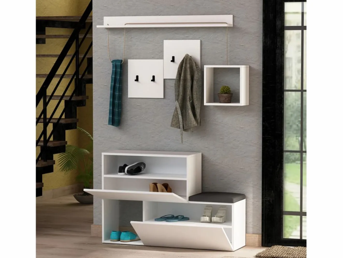 Concept-Usine Mueble recibidor con perchero, almacenaje y espejo MESTY Blanco Outlet