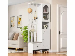 Perchero|Mueble recibidor compacto con 2 puertas, cristal templado y banco, tablero de partículas, (85x33,5x200cm)