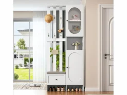 Perchero|Mueble recibidor compacto con 2 puertas, cristal templado y banco, tablero de partículas, (85x33,5x200cm)