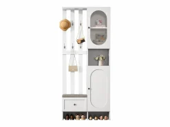 Perchero|Mueble recibidor compacto con 2 puertas, cristal templado y banco, tablero de partículas, (85x33,5x200cm)