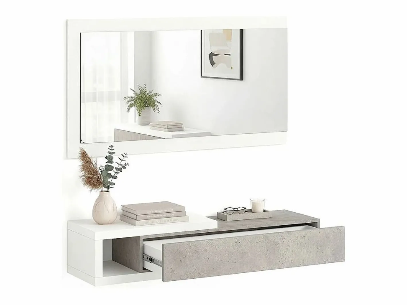 duehome Mueble recibidor con 1 cajón y espejo en blanco mate y cemento 95 cm Derek Blanco Artik (Blanco Mate) - Cemento Gris Hot