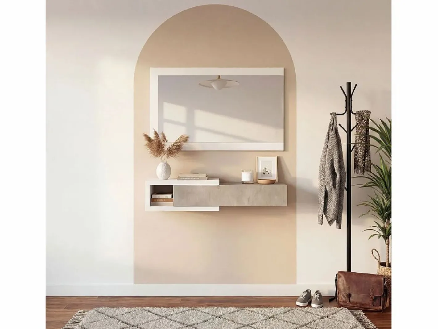 duehome Mueble recibidor con 1 cajón y espejo en blanco mate y cemento 95 cm Derek Blanco Artik (Blanco Mate) - Cemento Gris Hot