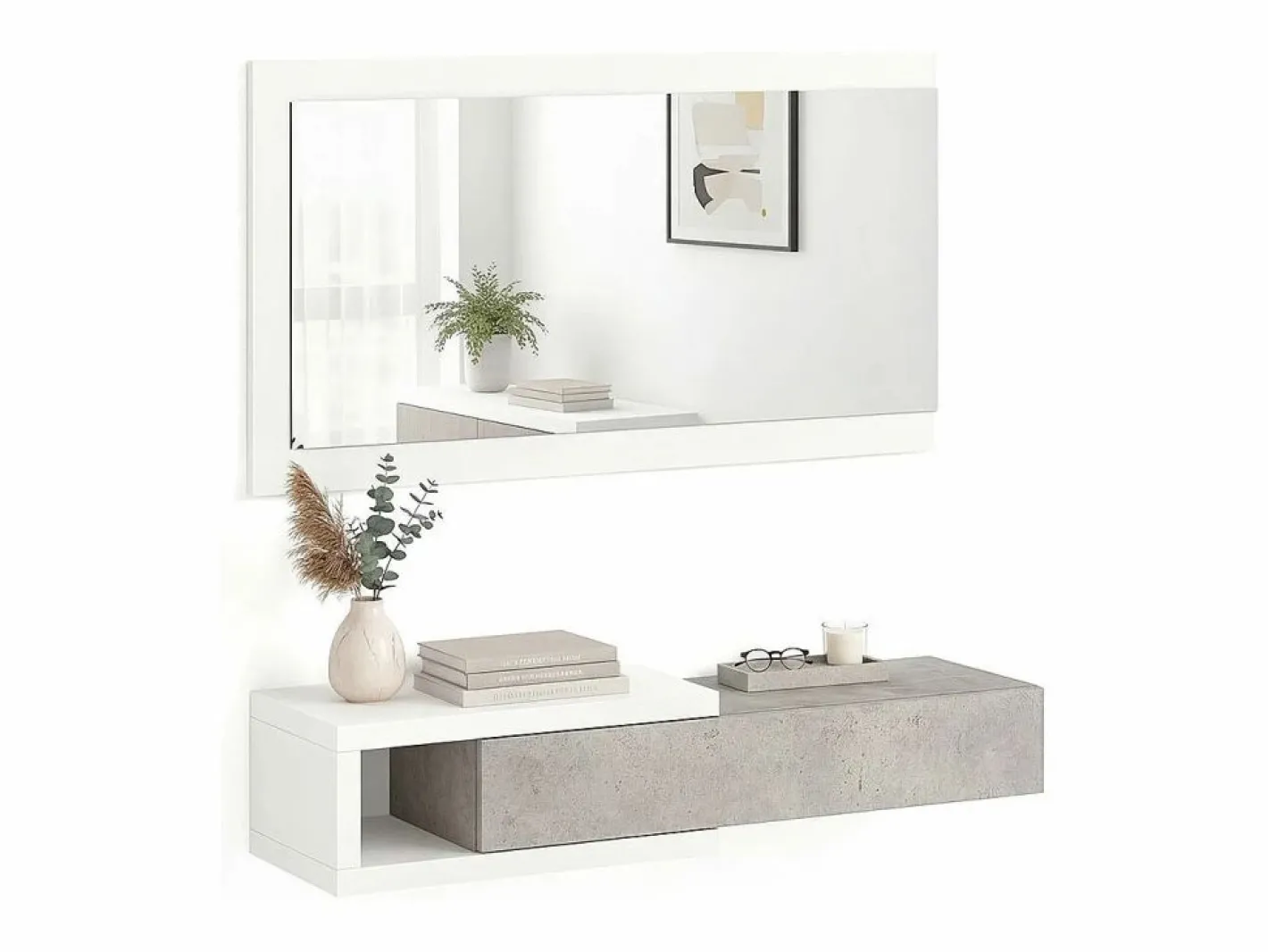 duehome Mueble recibidor con 1 cajón y espejo en blanco mate y cemento 95 cm Derek Blanco Artik (Blanco Mate) - Cemento Gris Hot