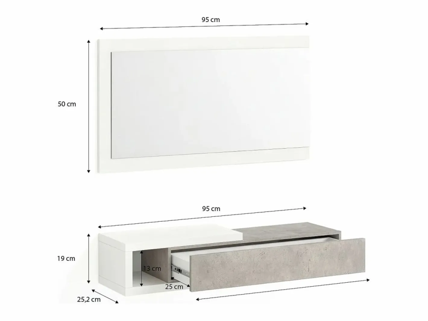 duehome Mueble recibidor con 1 cajón y espejo en blanco mate y cemento 95 cm Derek Blanco Artik (Blanco Mate) - Cemento Gris Hot