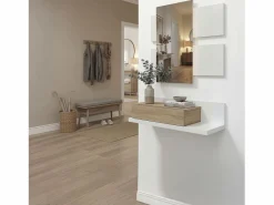 duehome Mueble recibidor con 1 cajón y espejo en blanco mate y roble canadian 75 cm Milo Blanco Artik (Blanco Mate) - Roble Canadian Color natural claro Discount