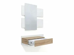 duehome Mueble recibidor con 1 cajón y espejo en blanco mate y roble canadian 75 cm Milo Blanco Artik (Blanco Mate) - Roble Canadian Color natural claro Discount