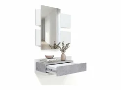 duehome Perchero|Mueble recibidor con 1 cajón y espejo en blanco mate y cemento 75 cm Milo Blanco Artik (Blanco Mate) - Cemento