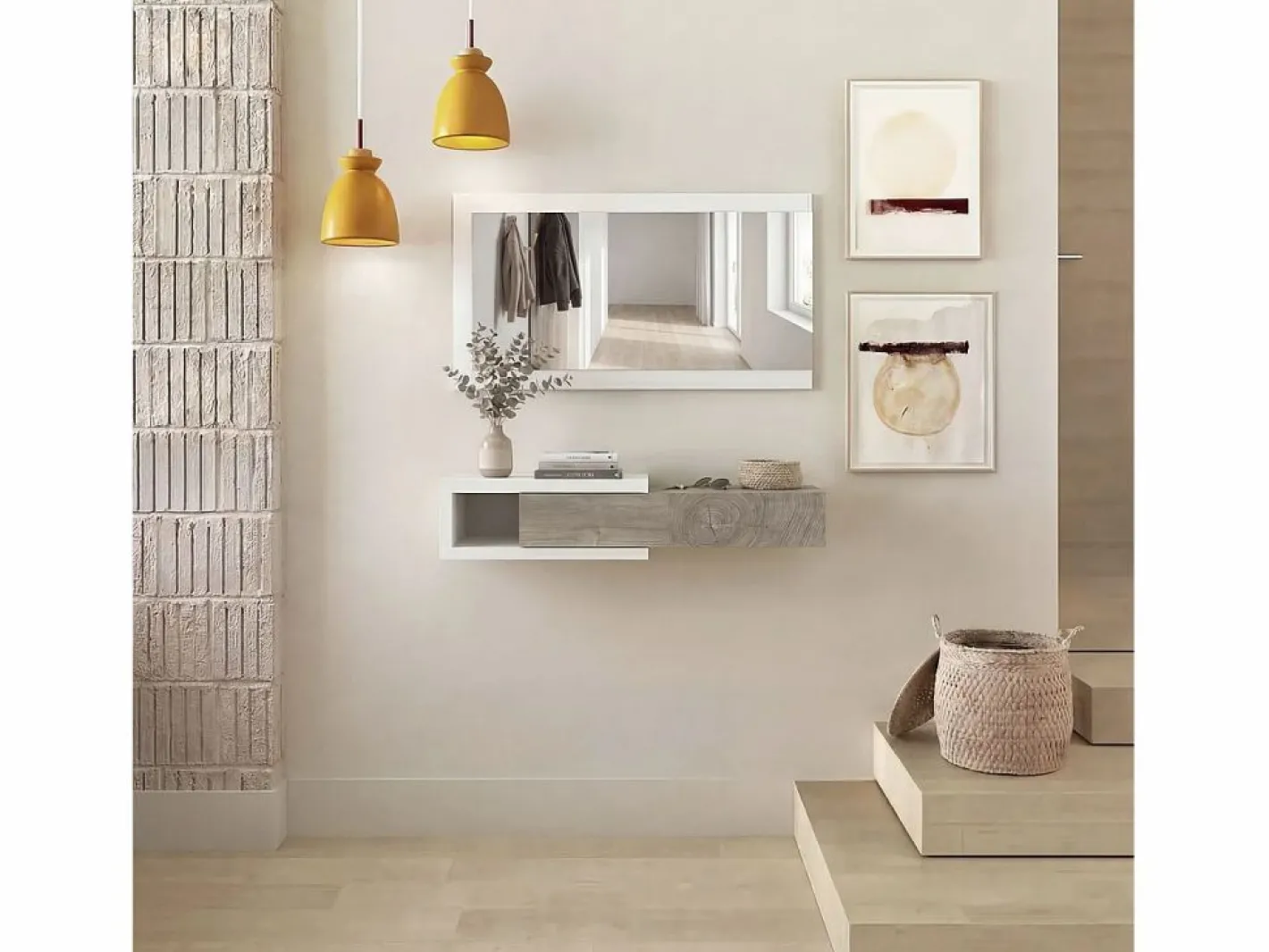 duehome Perchero|Mueble recibidor con 1 cajón y espejo en blanco mate y roble alaska 95 cm Derek Blanco Artik (Blanco Mate) – Roble Alaska