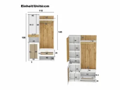 Mueble recibidor Espejo integrado y banco 110x38x190cm Puertas efecto ratán MDF y tablero de partículas y efecto madera ganchos dorados iluminación LED Blanco Discount