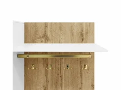 Mueble recibidor Espejo integrado y banco 110x38x190cm Puertas efecto ratán MDF y tablero de partículas y efecto madera ganchos dorados iluminación LED Blanco Discount