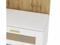 Mueble recibidor Espejo integrado y banco 110x38x190cm Puertas efecto ratán MDF y tablero de partículas y efecto madera ganchos dorados iluminación LED Blanco Discount