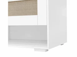 Mueble recibidor Espejo integrado y banco 110x38x190cm Puertas efecto ratán MDF y tablero de partículas y efecto madera ganchos dorados iluminación LED Blanco Discount