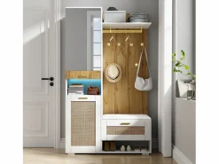 Mueble recibidor Espejo integrado y banco 110x38x190cm Puertas efecto ratán MDF y tablero de partículas y efecto madera ganchos dorados iluminación LED Blanco Discount