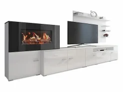 Skraut Home Mueble Tv|Mueble salón comedor con chimenea eléctrica, acabado Mate/ Brillo Lacado, 290x45x170cm
