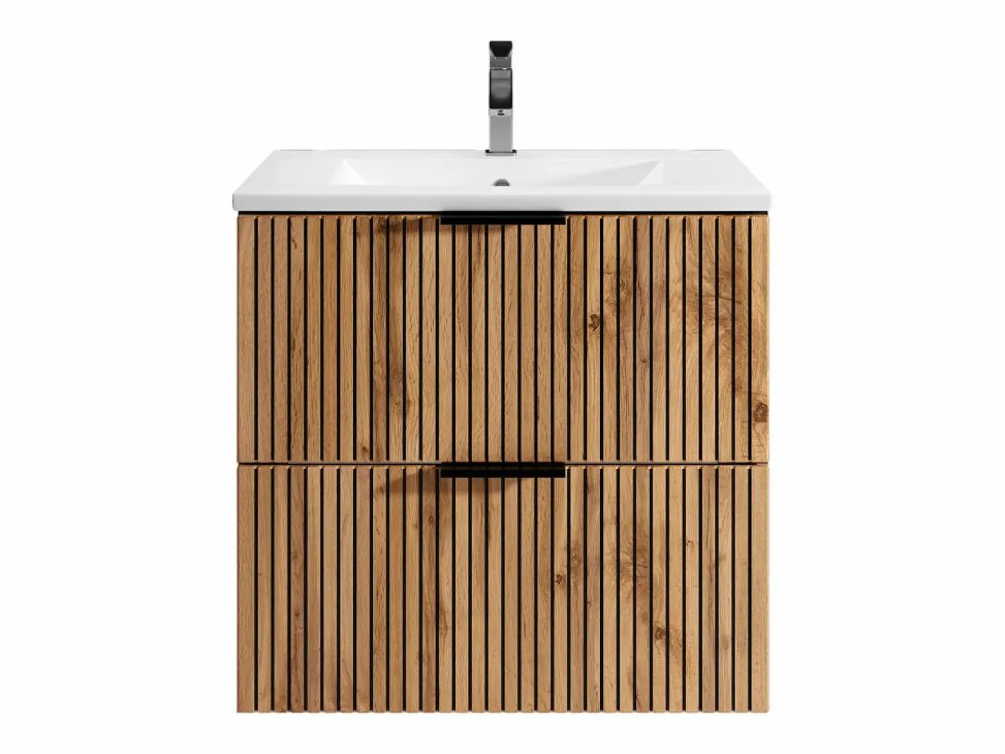 Vente-unique Mueble De Baño Simple|Mueble suspendido con lavabo encastrado, natural claro y negro, 60 cm, MADELA