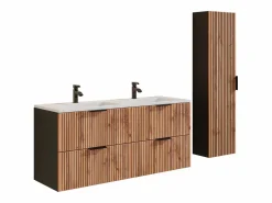 Mueble suspendido estriado con lavabo y columna, natural claro y negro, 120 cm, MADELA^Vente-unique Best