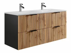 Mueble suspendido estriado con lavabo y columna, natural claro y negro, 120 cm, MADELA^Vente-unique Best