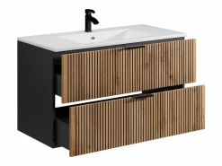 Vente-unique Mueble De Baño Simple|Mueble suspendido estriado con lavabo encastrado, natural claro y negro, 100 cm, MADELA