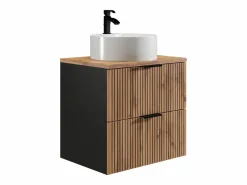 Vente-unique Mueble De Baño Simple|Mueble suspendido estriado con lavabo sobre encimera redondo, natural claro y negro, 60 cm, MADELA
