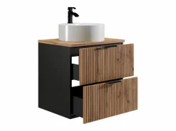 Vente-unique Mueble De Baño Simple|Mueble suspendido estriado con lavabo sobre encimera redondo, natural claro y negro, 60 cm, MADELA