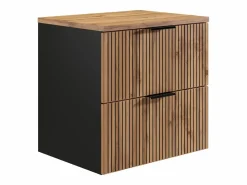 Vente-unique Mueble De Baño Simple|Mueble suspendido estriado con lavabo sobre encimera redondo, natural claro y negro, 60 cm, MADELA