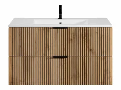Mueble suspendido estriado y lavabo encastrado + columna efecto madera y negro, 100 cm, MADELA^Vente-unique Sale